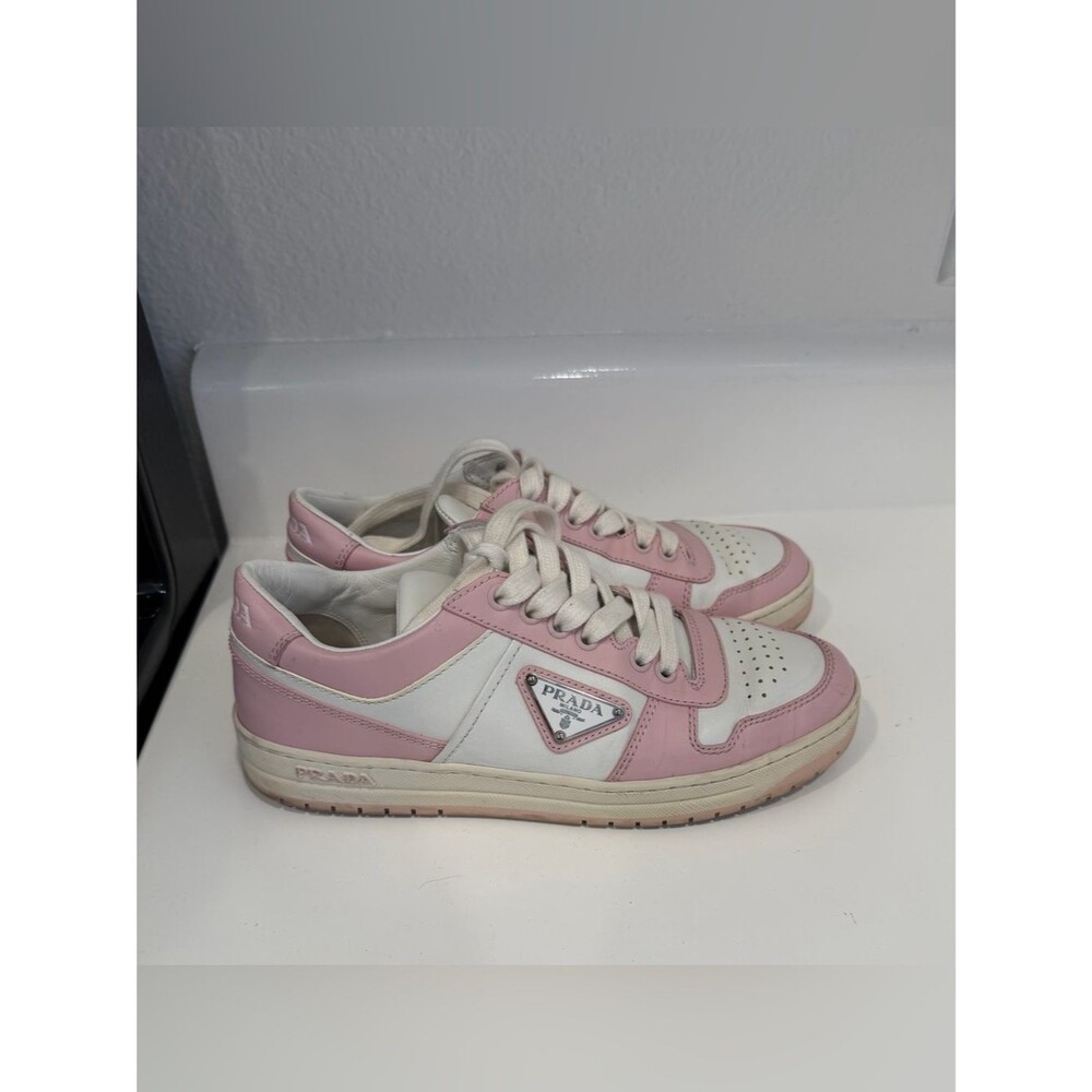 Prada Downtown Low Top Sneakers Pink White Leather Triangle Logo EU 36